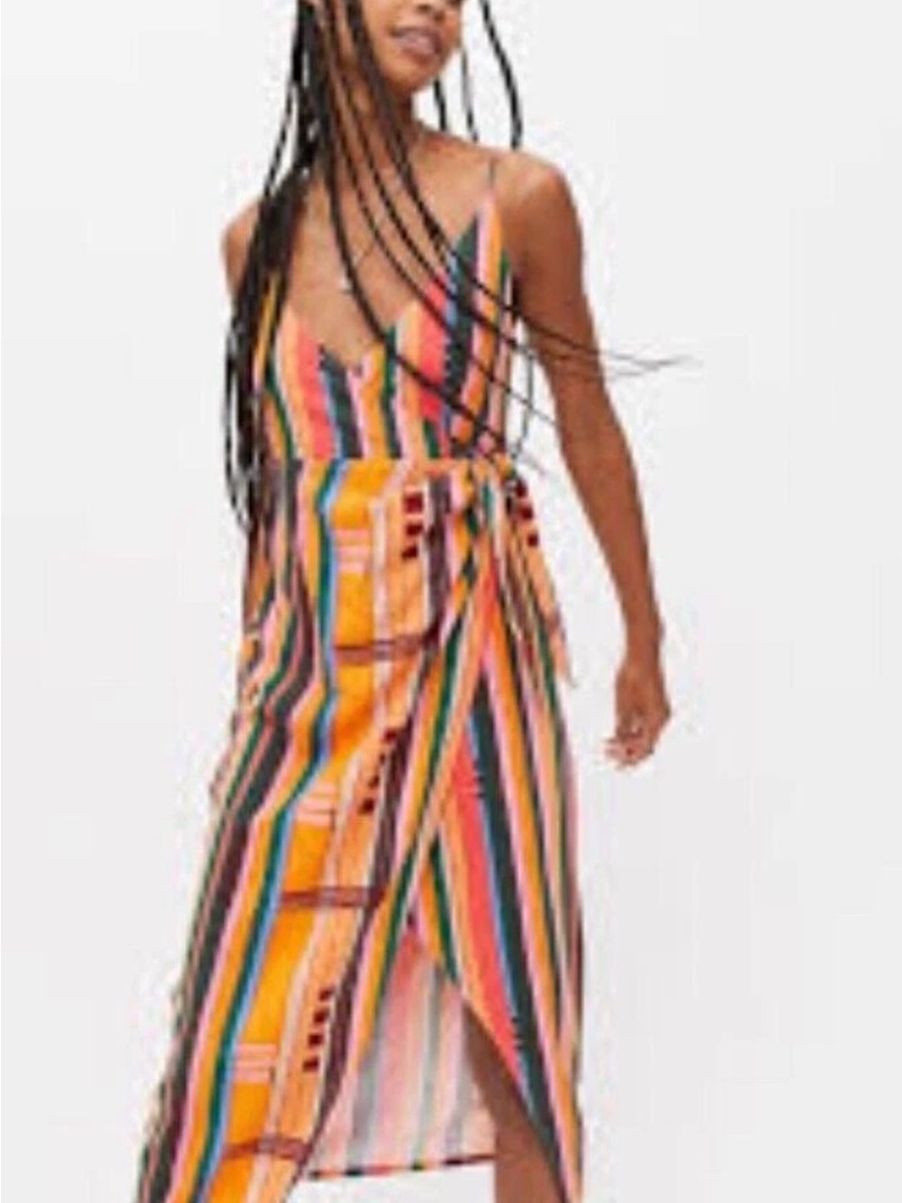 Urban Outfitters Flashing Lights Striped Wrap Midi Dress Linen XS - Picture 8 of 9